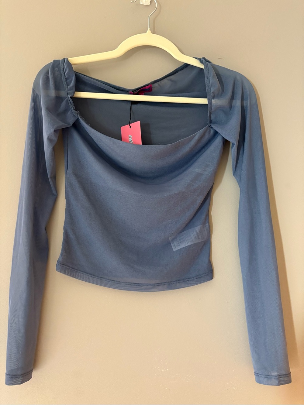 Edikted Sheer Long Sleeve Cowl Neck Top - Blue